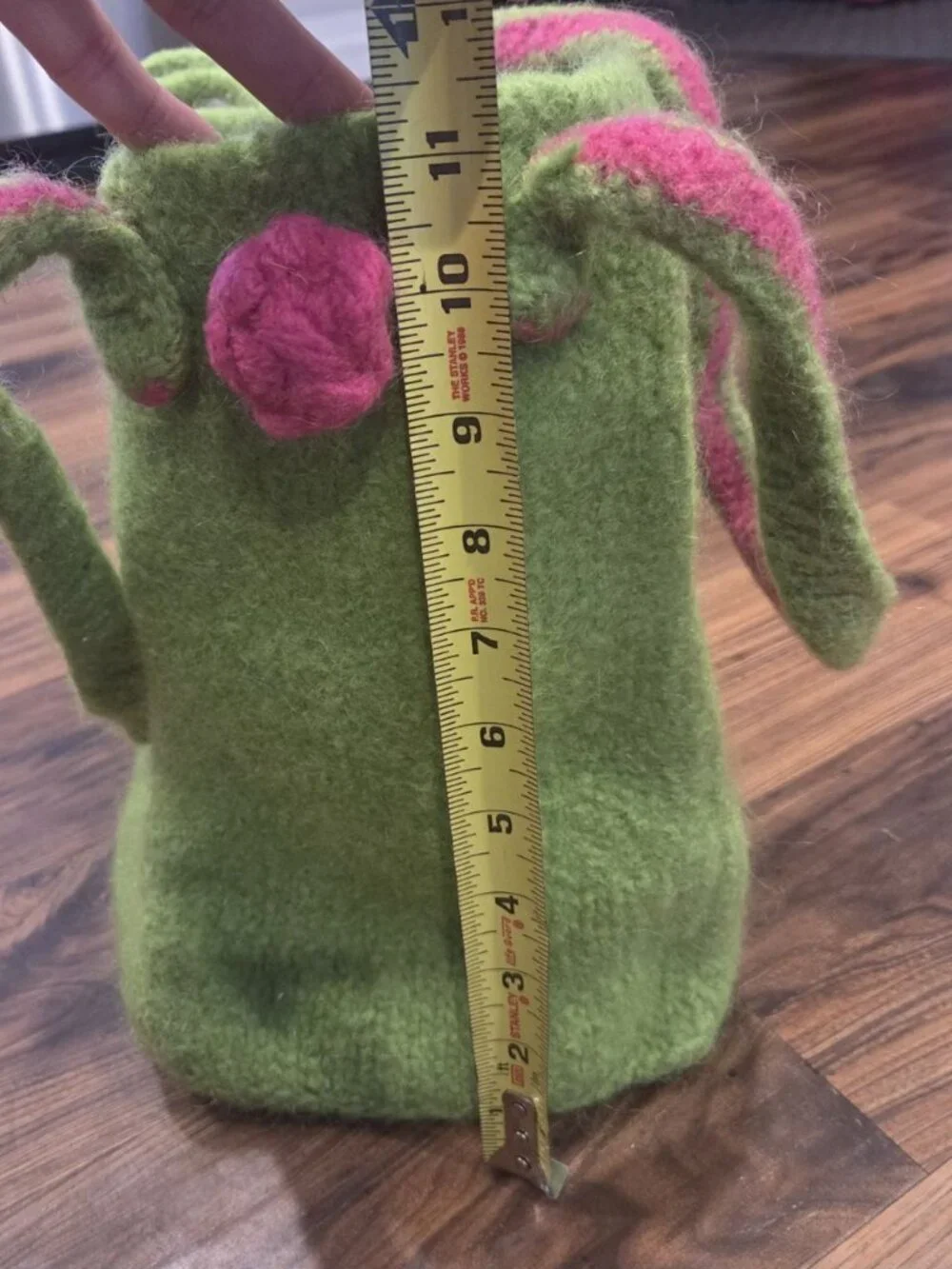 Handmade Felted Wool Tote Lime Green & Pink Parallel Straps Toggle Closure